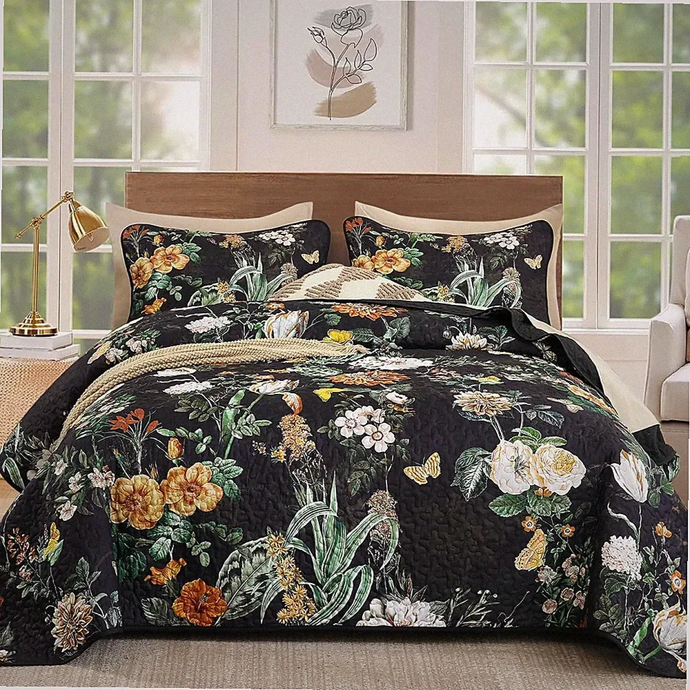Black Floral Quilt Set Queen 3 Piece Garden Botanical Bedspread Comforter Sham