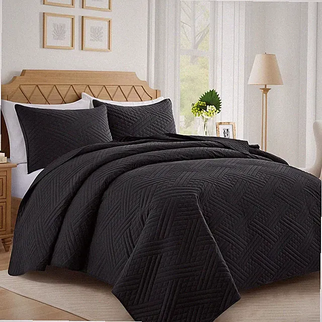 Black Oversized Cal King Quilt Set Striped Lightweight Bedspread 3Pc