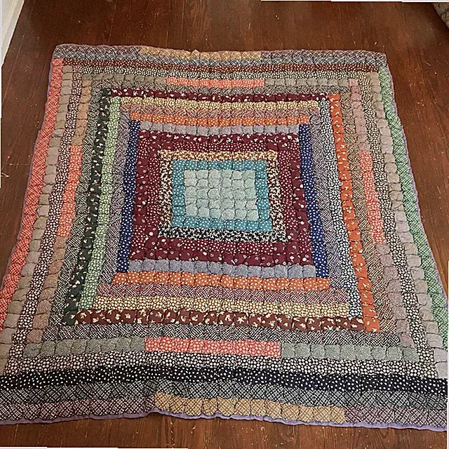 Handmade Puff Biscuit Quilt 70.5x 76 Scrappy Purple Back Hand Tied Farmhouse