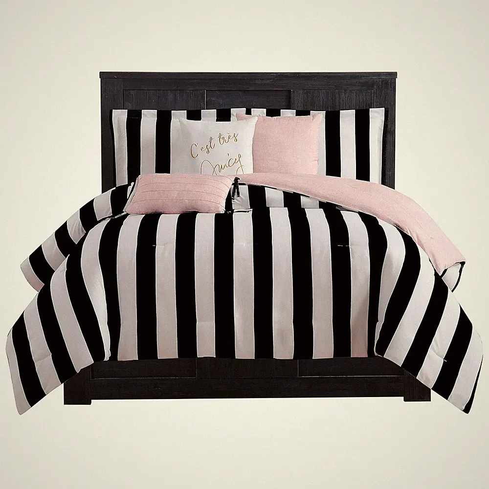 Juicy Couture Cabana Stripe Reversible Bedding Set - Queen Size - Black and Whit