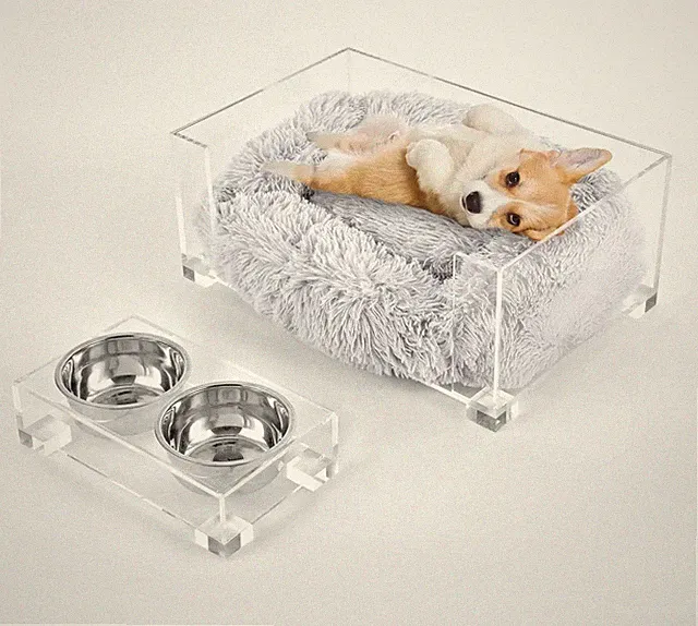 Modern Acrylic Pet Bed (small) & Elevated Feeder Set | Washable Cushion & Bowls
