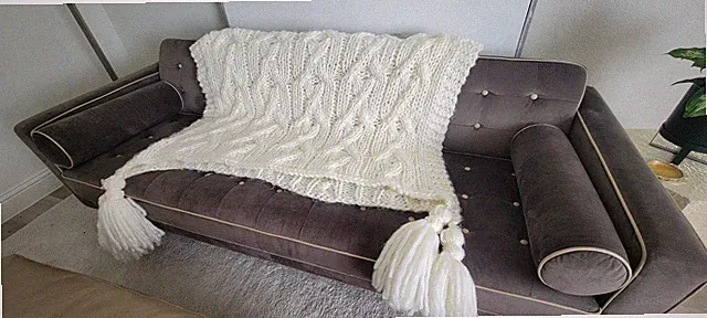 Nina Home Campbell Soft Chunky Cable Knit Throw Blanket Huge Tassels Ivory White