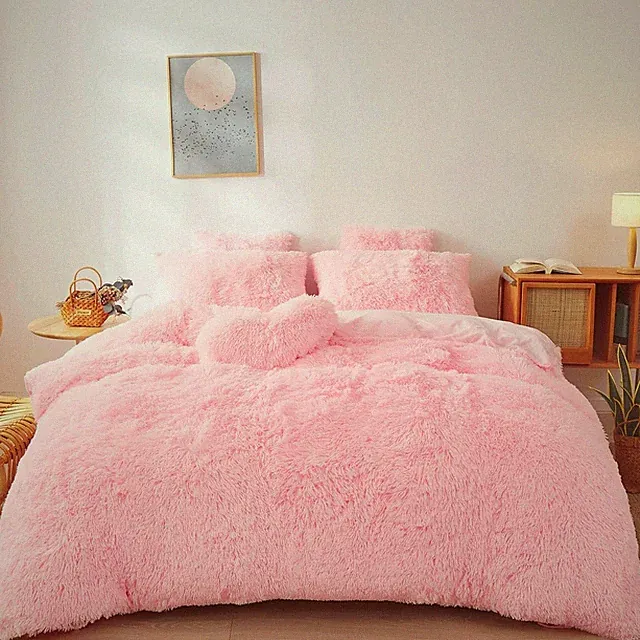 Pink Faux Fur Comforter Set Queen Fluffy Plush Bedding Soft Bed Set Cover
