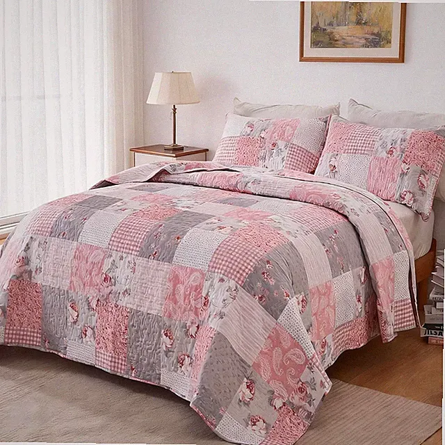 Pink Grey Floral Patchwork Quilt Set Extra Wide Super King 3 Piece Coverlet