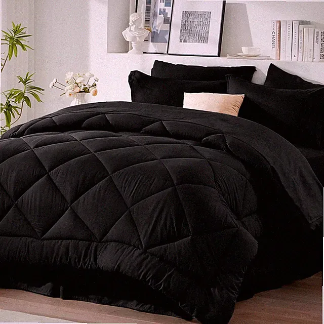 Queen Comforter Set Black – 8 Piece Bed in a Bag with Sheets, Shams & Bed Skirt