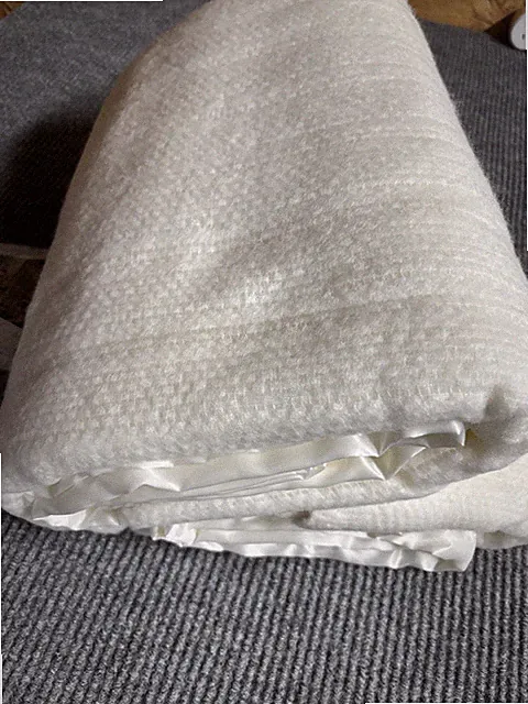 Vintage Acrylic Waffle Weave Blanket Thermal Satin Trim Ivory Queen USA READ!