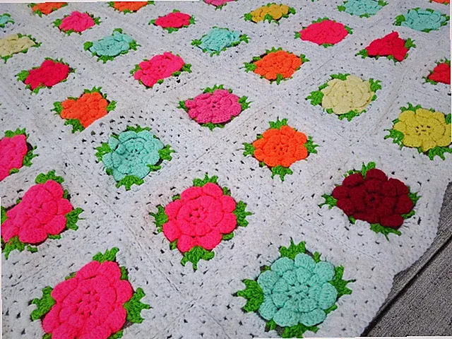Vintage Crocheted Coverlet Blanket 70's 3-D QUEEN NEON Multi Flowers 84" x 84"