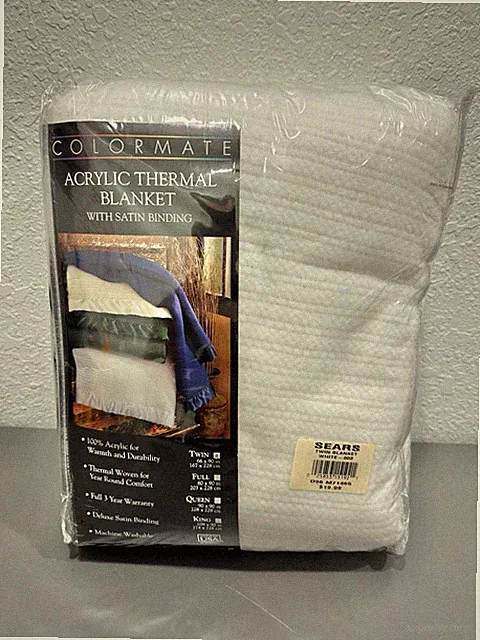 VTG Sears Colormate Acrylic Thermal Blanket Twin Size 66 X 90 White NOS