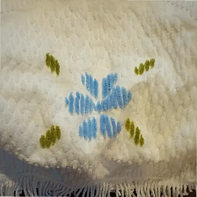 White Cotton Poly Chenille Bedspread Blue Green Floral Pattern Fringe